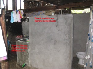 On the other side of the backyard, you'll find the bathroom, just put in the last couple couple months for our arrival.  There is a multipurpose sink attached to a cement wall shielding off the cold shower.  Plenty of water here in Amazonas.