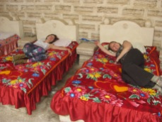 Holly and Andrea resting in salt hotel beds.